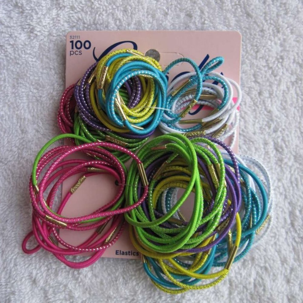 100 Goody Elastic Tinsel Woven Thin Medium Large W/ Metal Ponytailer Hair Bands